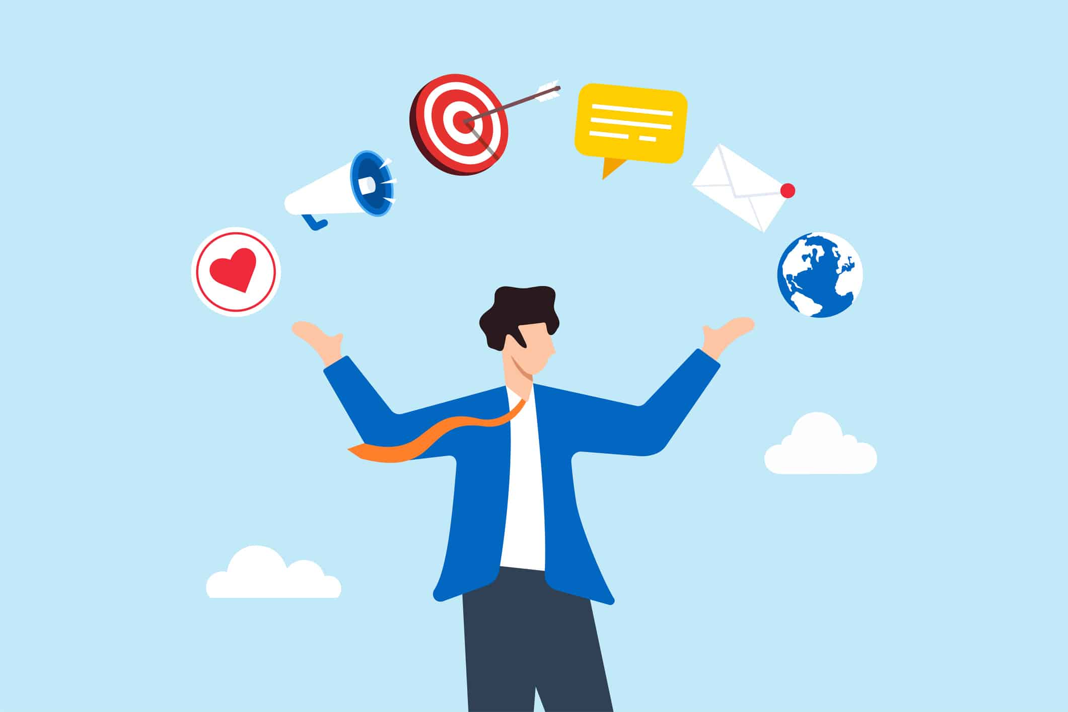 Flat illustration of businessman holds viral marketing elements promoting online advertising campaign - The Sales Vault - The Sales Vault