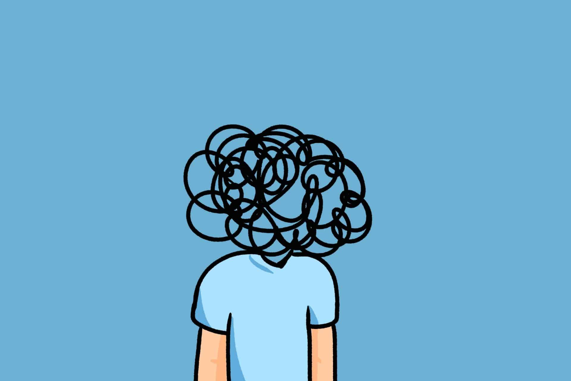 Cartoon person with a tangled mess of hair above their head, conveying confusion or stress against a blue background.