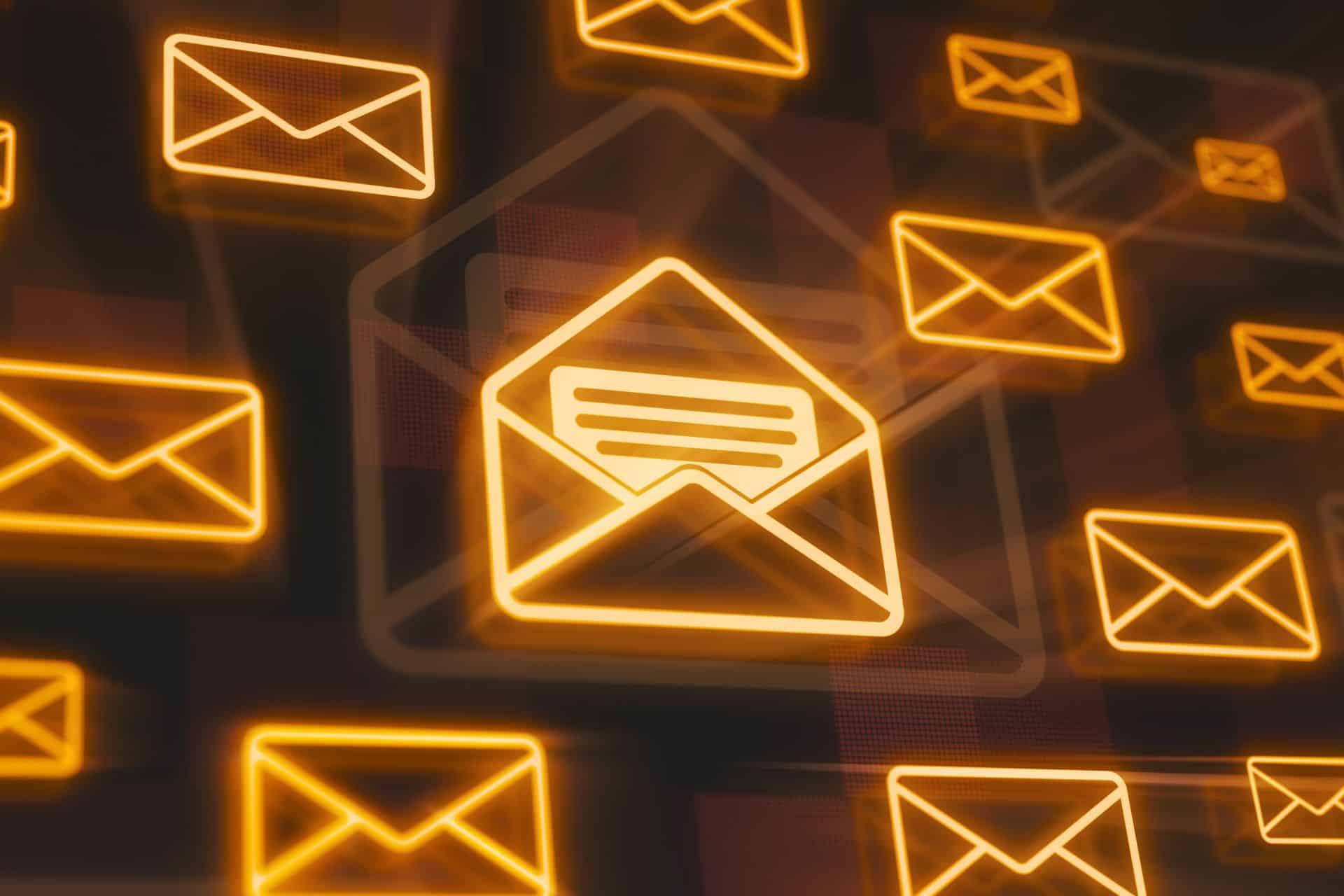 emails not getting opened - The Sales Vault - The Sales Vault Glowing orange envelope icons floating in a dark, digital background, representing email notifications.