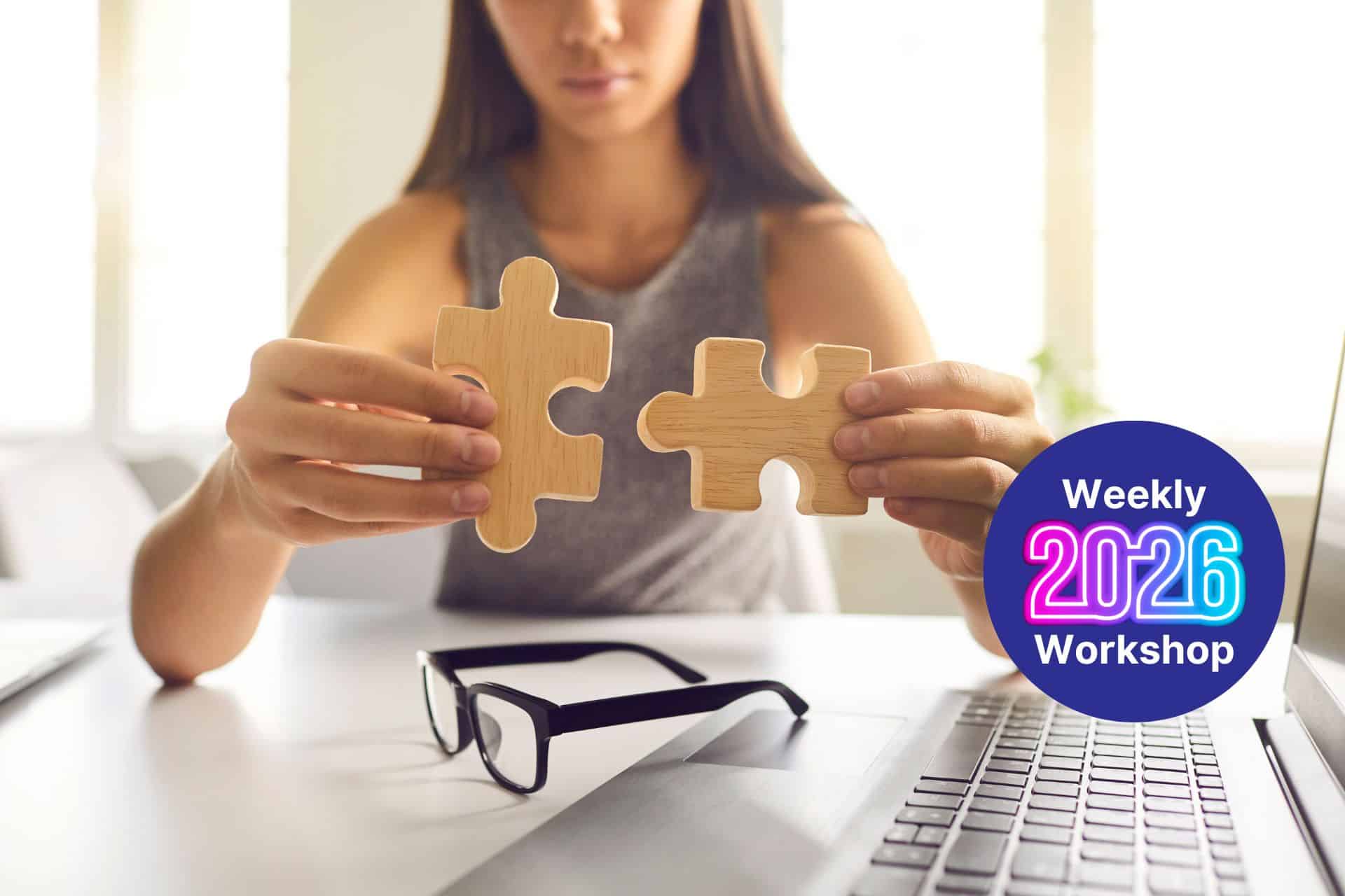 Woman to the camera holds two wooden puzzle pieces to connect them over a laptop, with a blue 2026 Workshop badge in the corner.