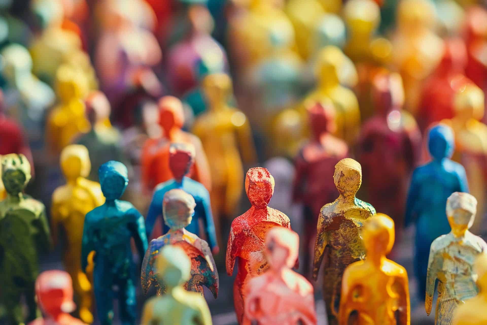 Finding target market everywhere - The Sales Vault - The Sales Vault Colorful abstract human figures in a crowded display, each statue painted in bright hues like red, blue, yellow, and green.