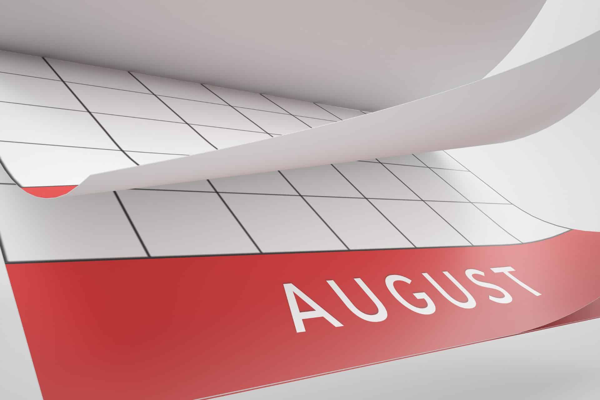 Abstract 3D design with a red August banner and curved white shapes.