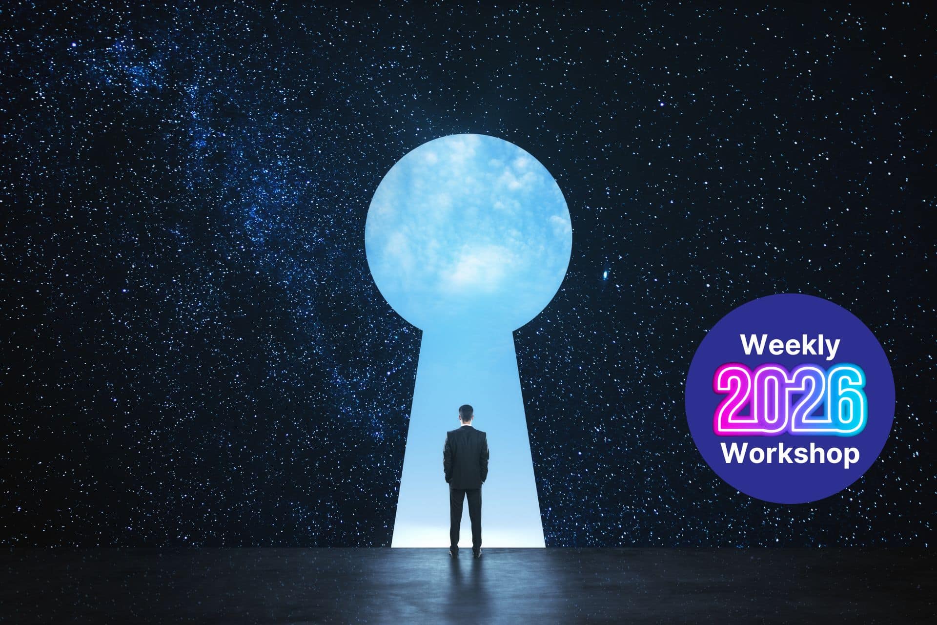 dream client list - The Sales Vault Man in a suit walks toward a giant keyhole opening into a starry cosmos, with a purple 'Weekly 2026 Workshop' badge on the right side.