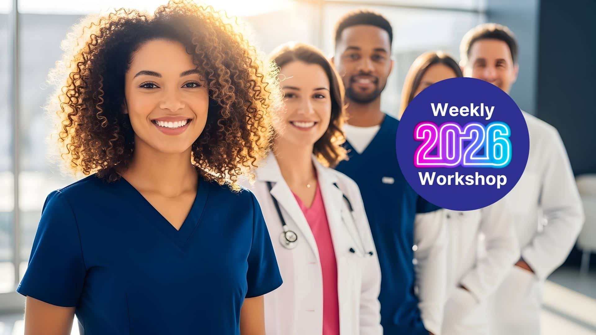 Smiling diverse medical team with a purple 'Weekly 2026 Workshop' badge in the foreground.