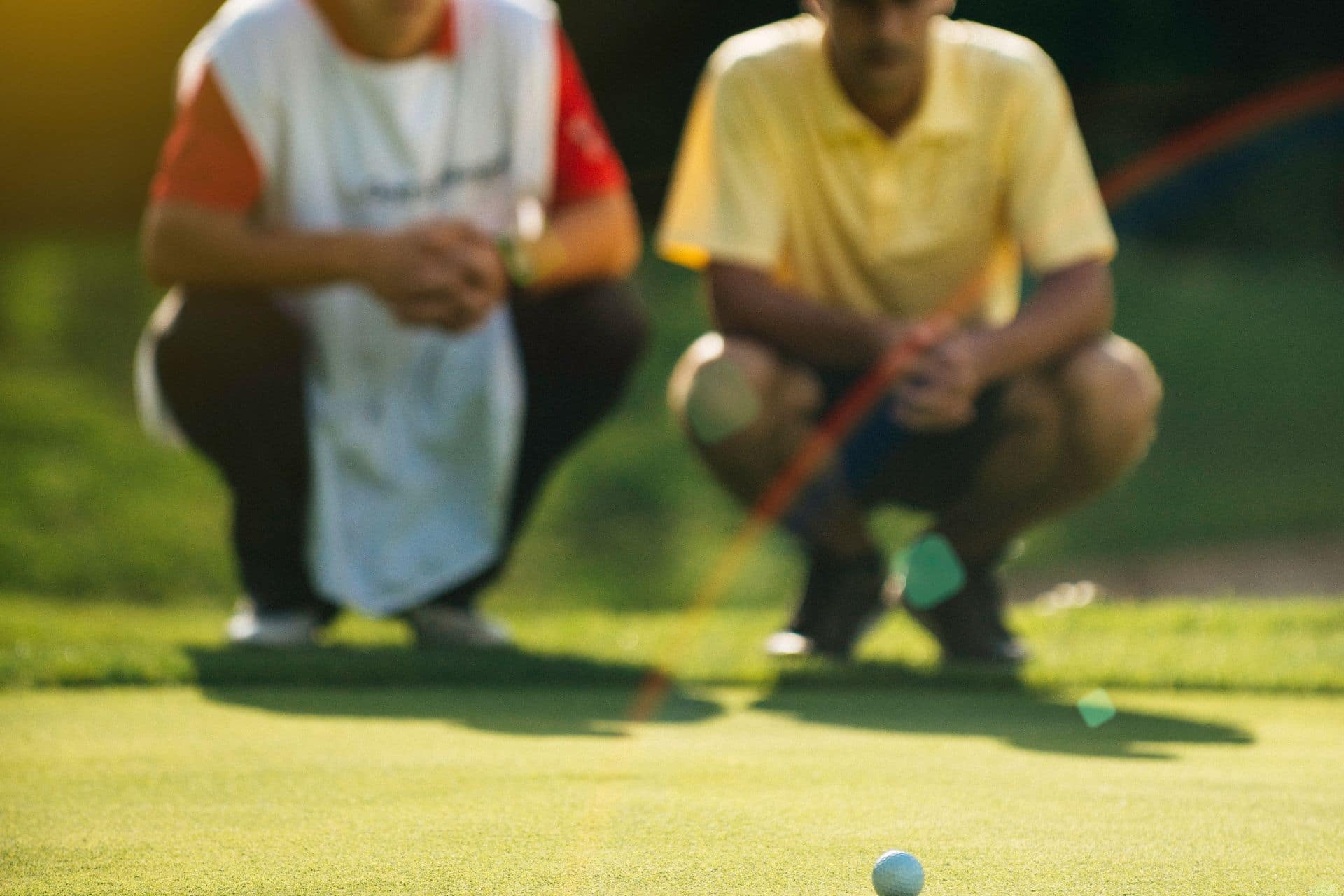 golf caddy - The Sales Vault - The Sales Vault Two people crouch on a sunny lawn playing croquet, with a blue croquet ball in the foreground and a mallet visible in the background.
