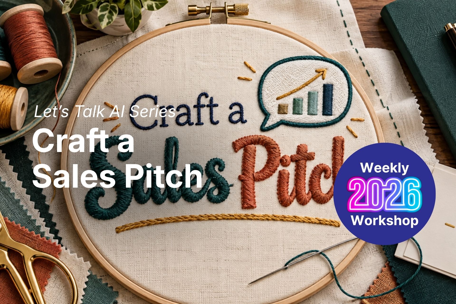 Embroidery-themed banner advertising a 'Craft a Sales Pitch' workshop, featuring a hoop, stitched text, and a blue circular 'Weekly 2026 Workshop' badge.