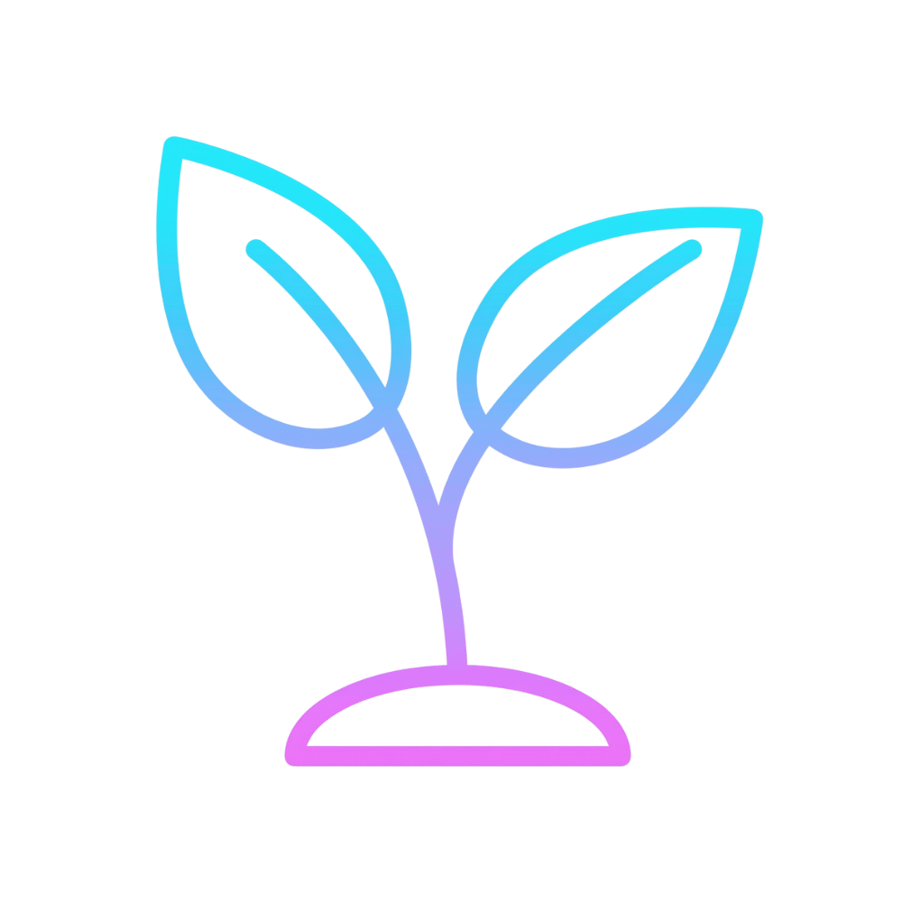 Gradient line-drawing of a sprouting seed with two leaves on a curved base, symbolizing growth