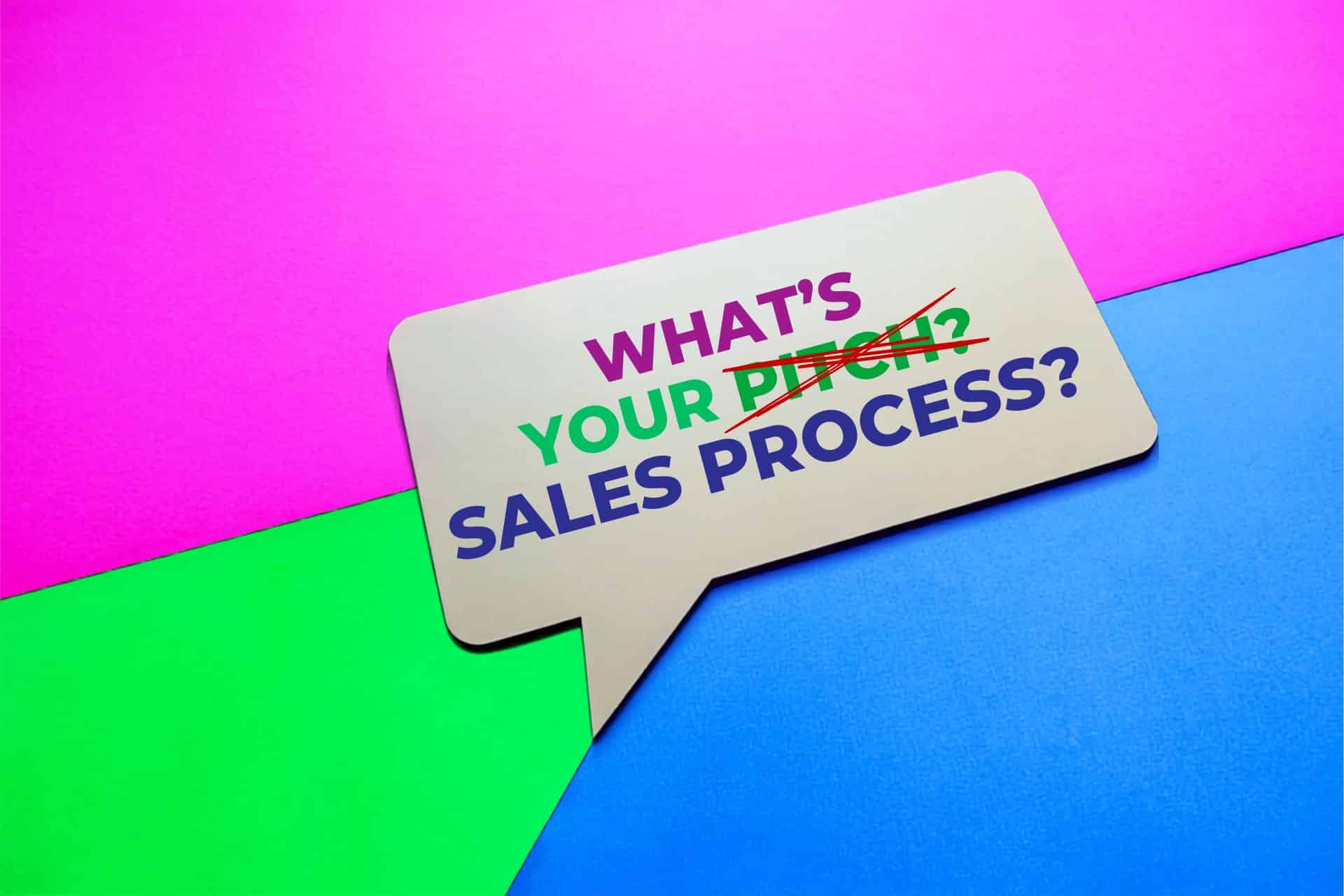 whats your sales process - The Sales Vault - The Sales Vault Graphic card reading 'WHAT'S YOUR PITCH? SALES PROCESS?' with 'PITCH' crossed out, on a bright colorful background.